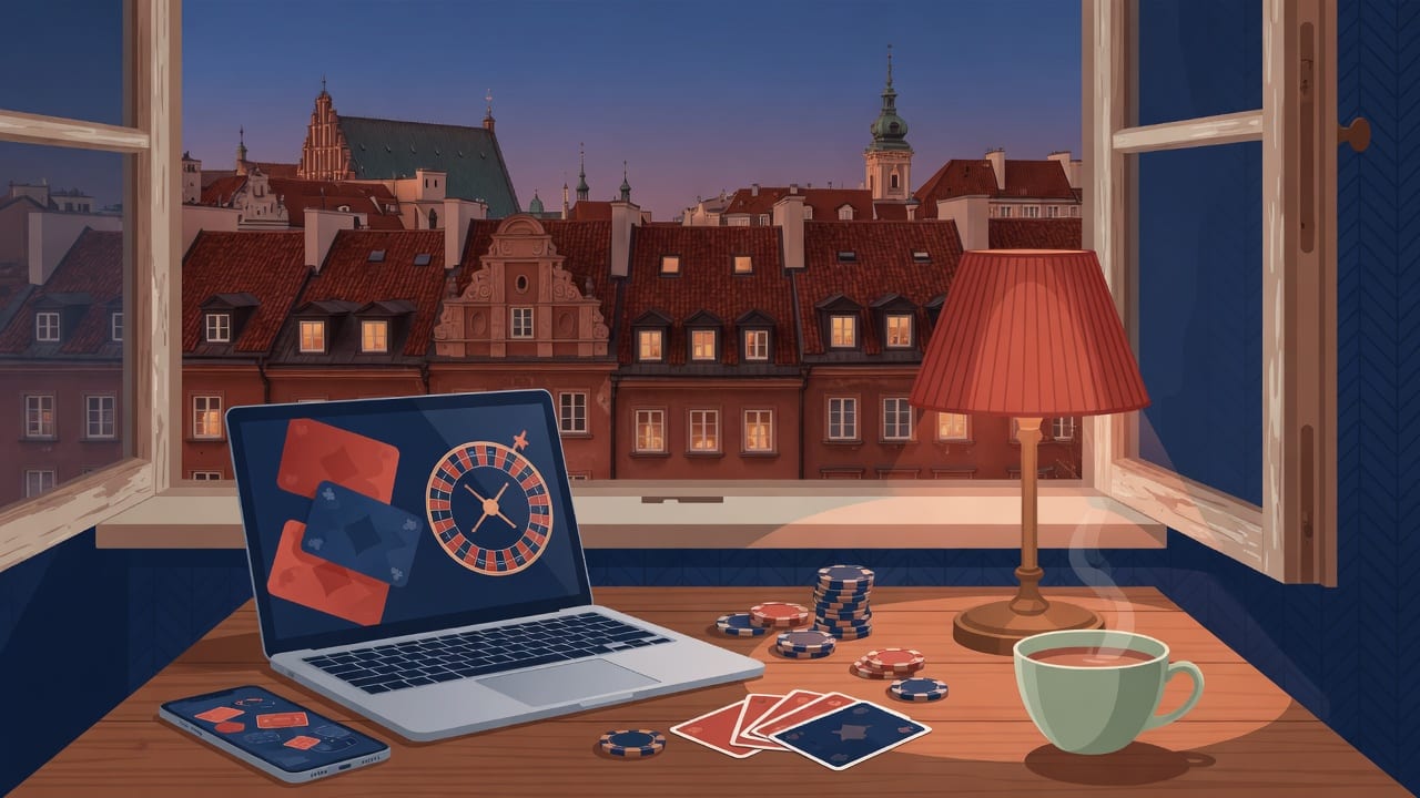 Wieczorne biurko przy oknie z widokiem na dachy starego miasta, laptop, telefon, karty i żetony