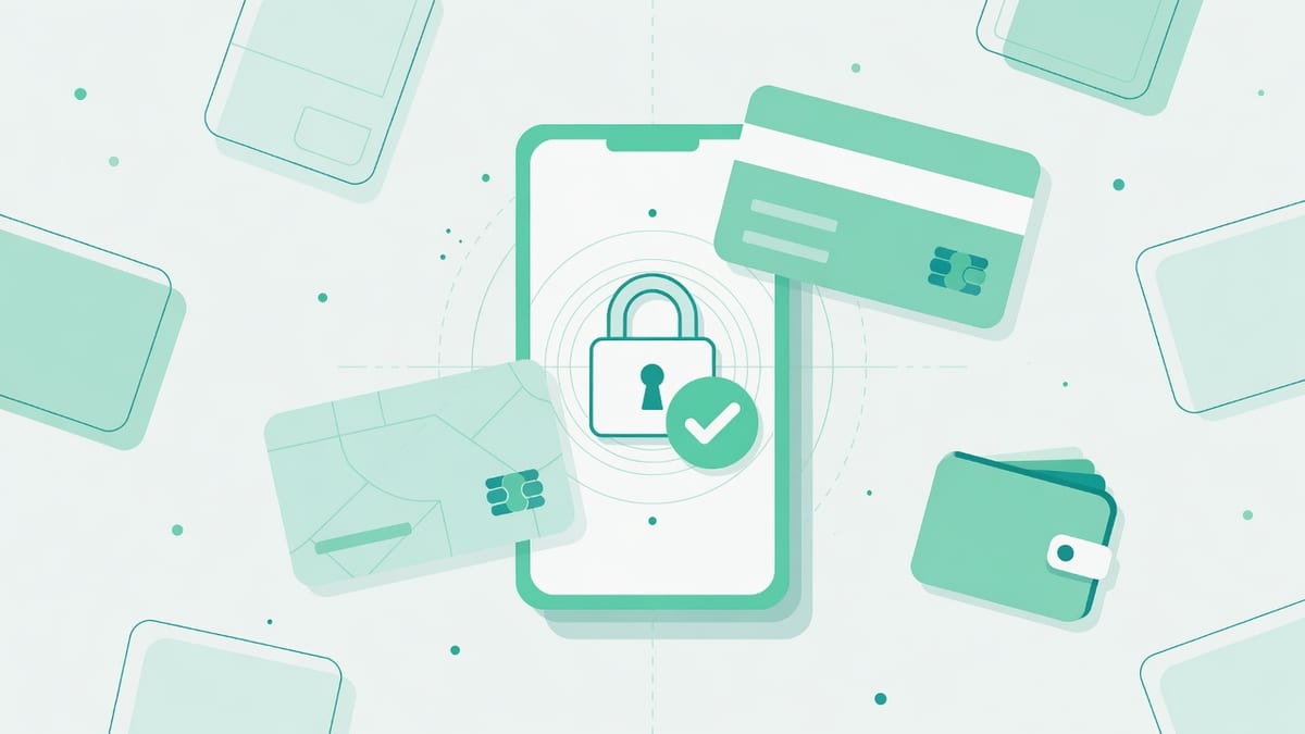 Smartfon z ekranem bezpiecznej płatności, kłódką i znakiem zatwierdzenia oraz kartą bankową wokół